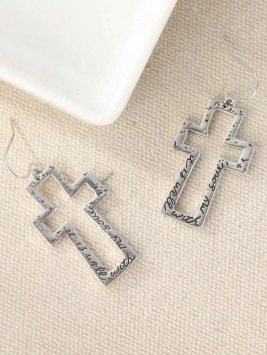 Vintage Engraved Cross Drop Earrings