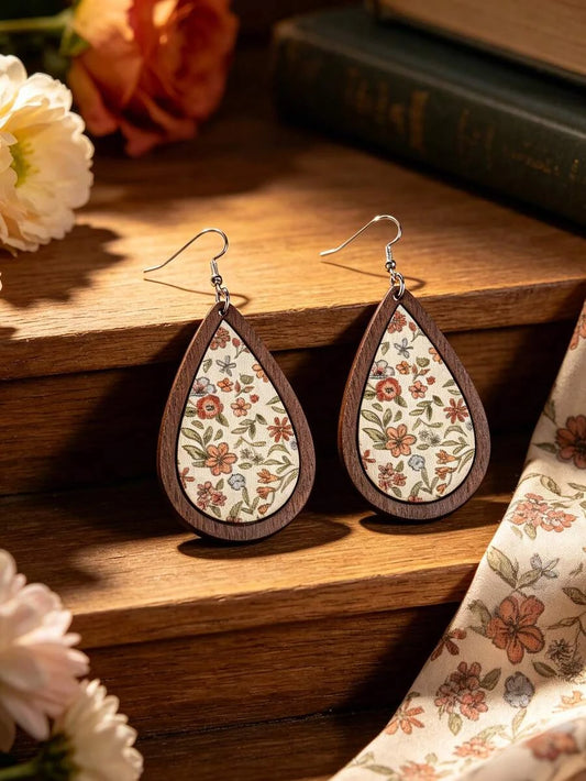 Vintage Wooden Flower Teardrop Earrings