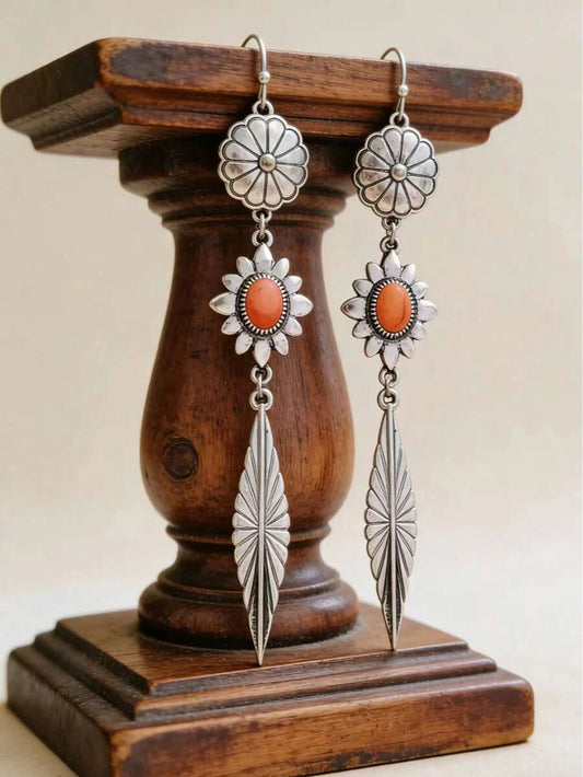 Vintage Western Orange Stone Flower Dangle Earrings