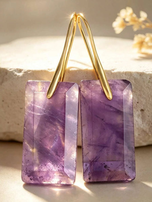 Natural Amethyst Square Pendant Earrings