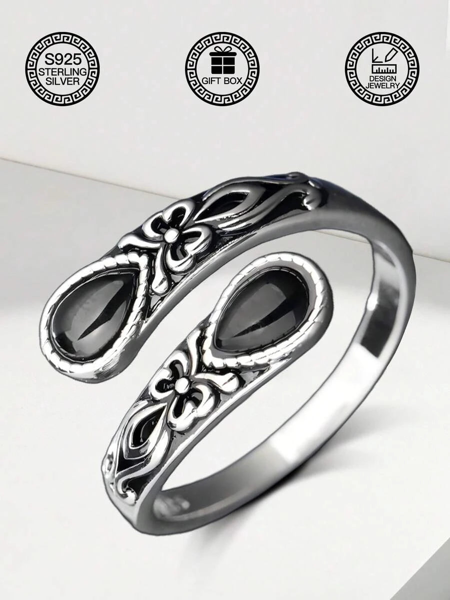 Sterling Silver Black Agate Spoon Ring