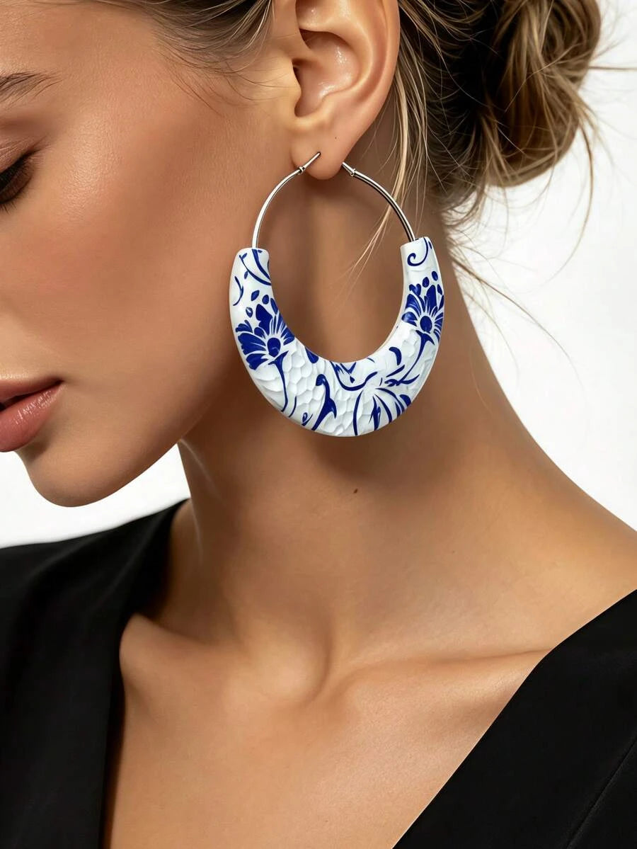Porcelain Print Hammered Hoop Earrings