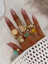 13pcs Fashion Luxury Vintage Sun Gemstone Open Ring Set, Designer Ins Style Metallic Glossy Wrinkled Finger Rings, Suitable For Party, Vacation, Gift For Friends And Family, Daily Wear