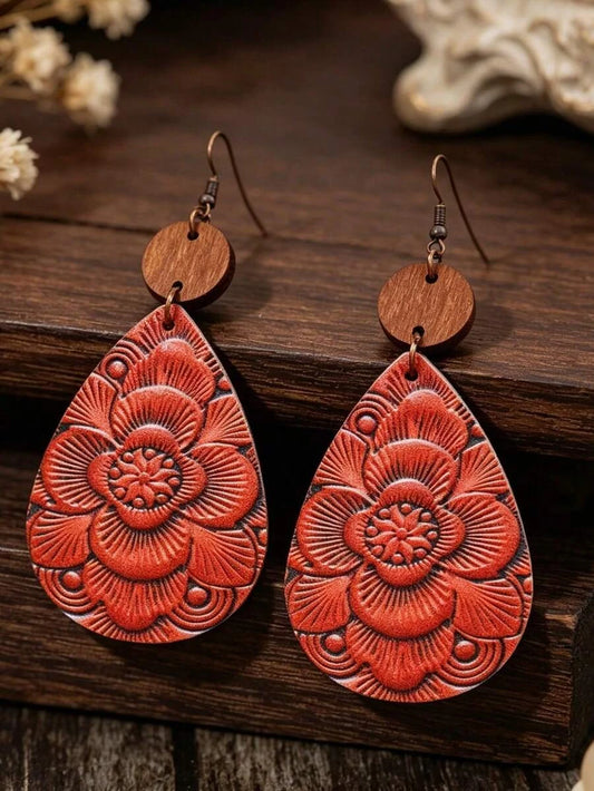 Vintage Carved Flower Teardrop Leather Earrings