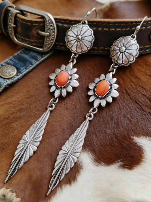 Vintage Western Orange Stone Flower Dangle Earrings