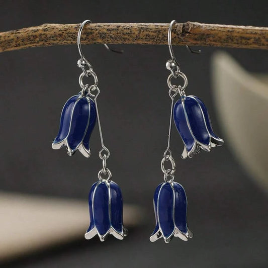 Vintage Blue Bell Flower Tassel Drop Earrings