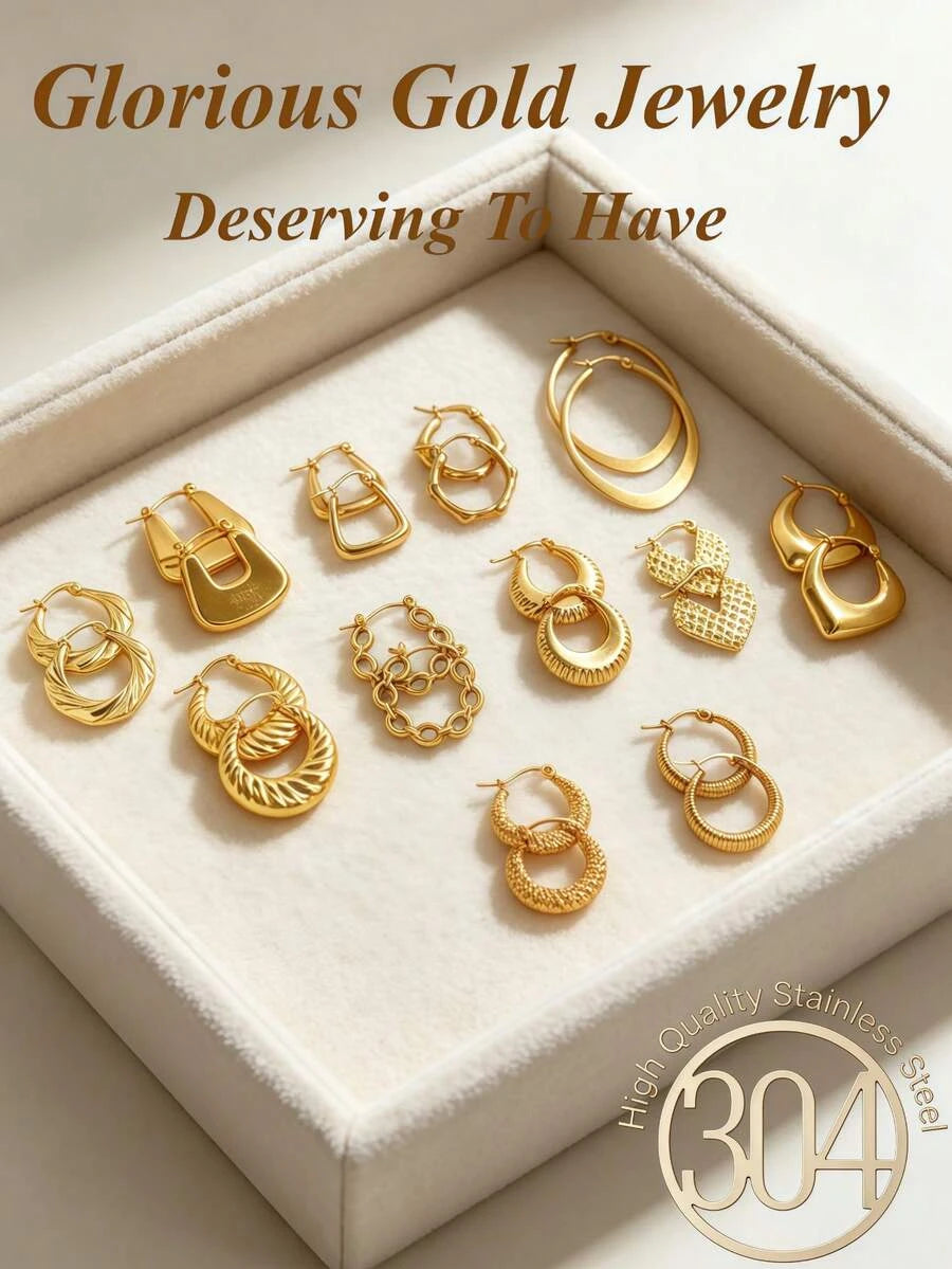 Stainless Steel Gold Ring Earring Set