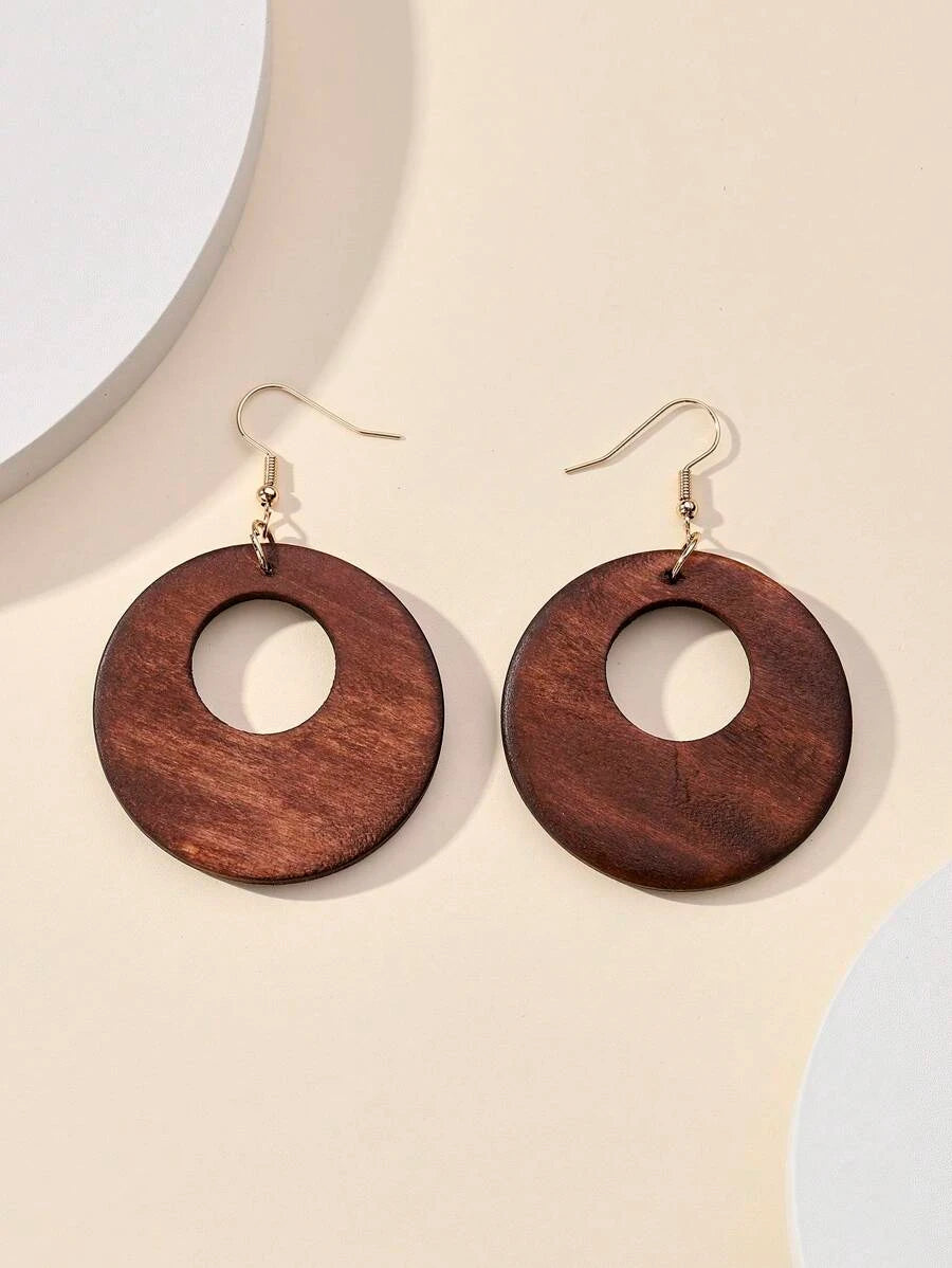 Vintage Wooden Hollow Round Earrings