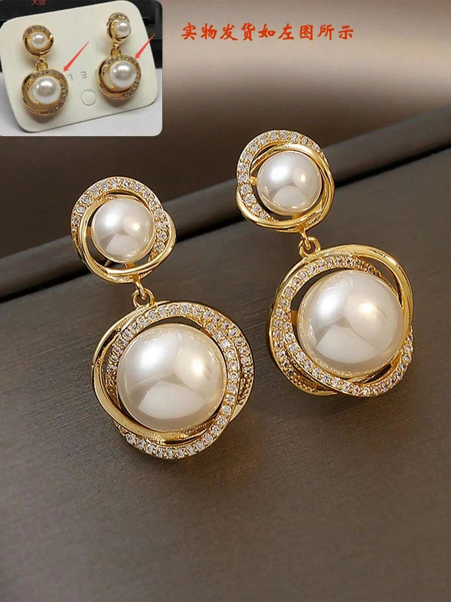 French Pearl Rhinestone Drop Earrings
