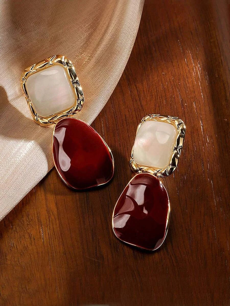 Burgundy Asymmetrical Square Earrings