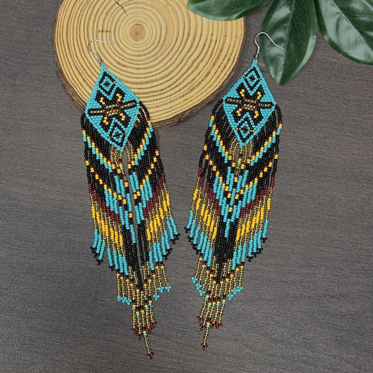 Geometric Beaded Tassel Earrings