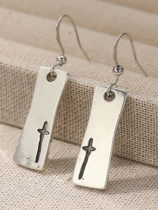 Vintage Silver Hollow Cross Drop Earrings