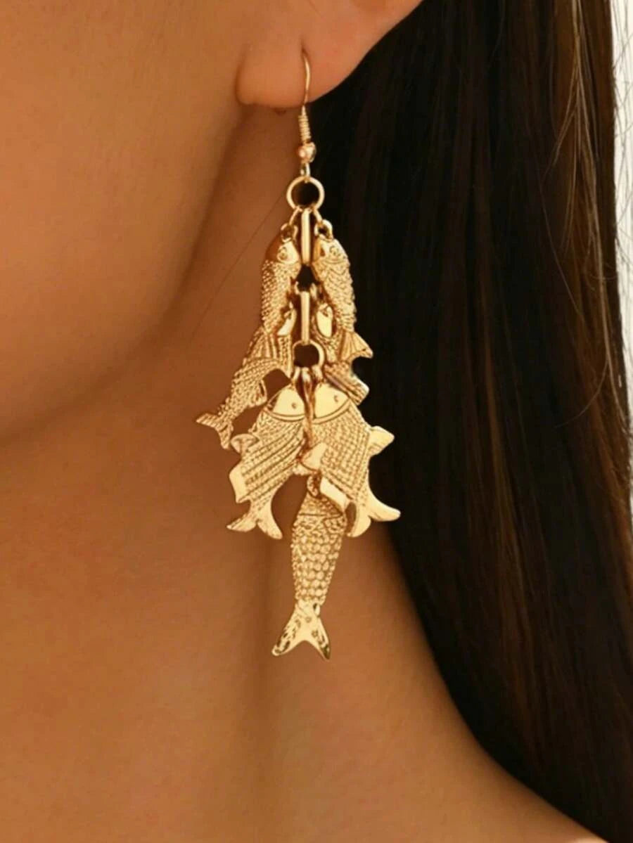 Vintage Golden Piranha Fish Drop Earrings