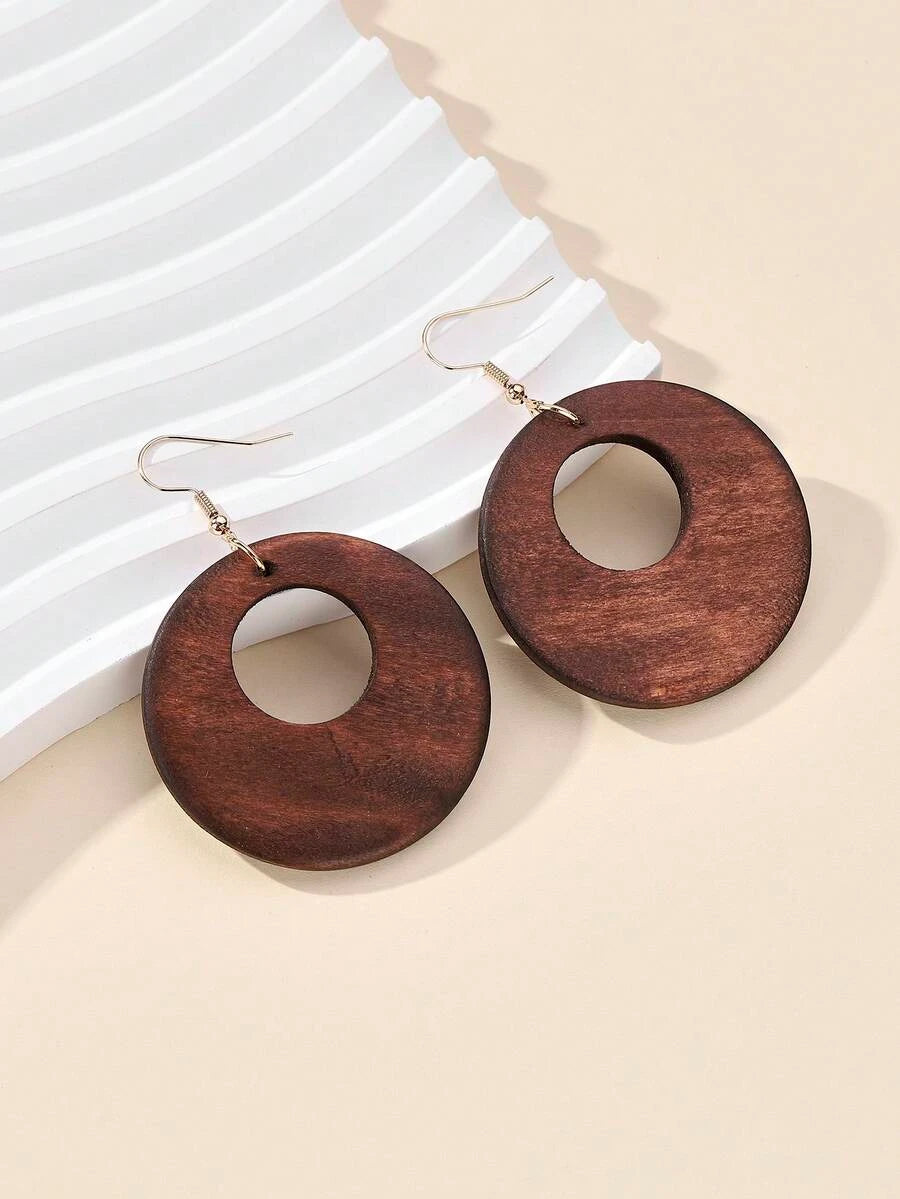 Vintage Wooden Hollow Circle Pendant Earrings
