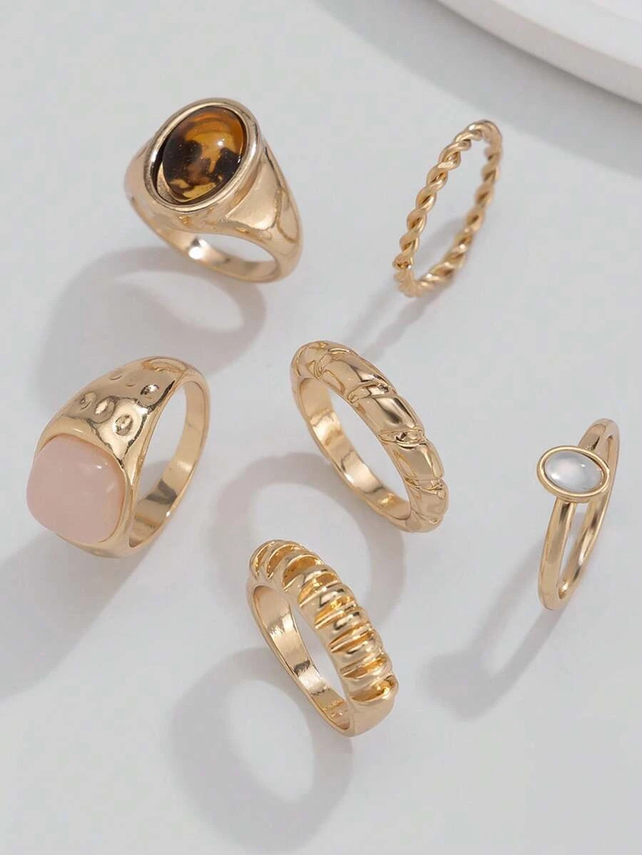 13pcs Fashion Luxury Vintage Sun Gemstone Open Ring Set, Designer Ins Style Metallic Glossy Wrinkled Finger Rings, Suitable For Party, Vacation, Gift For Friends And Family, Daily Wear