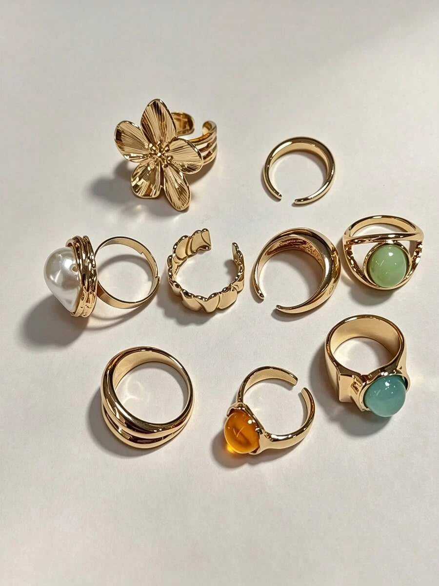 13pcs Fashion Luxury Vintage Sun Gemstone Open Ring Set, Designer Ins Style Metallic Glossy Wrinkled Finger Rings, Suitable For Party, Vacation, Gift For Friends And Family, Daily Wear