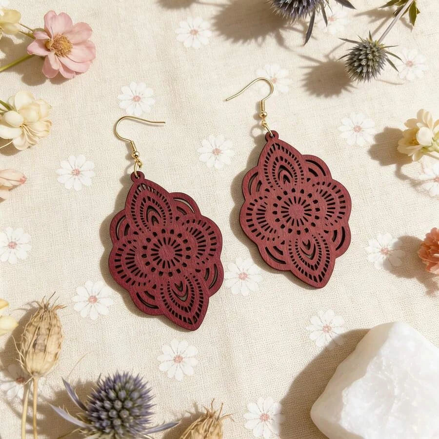 Wooden Lace Pattern Carved Pendant Earrings