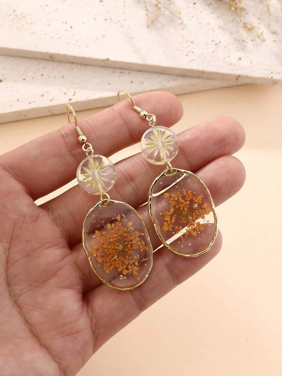 Dried Flower Resin Oval Earrings