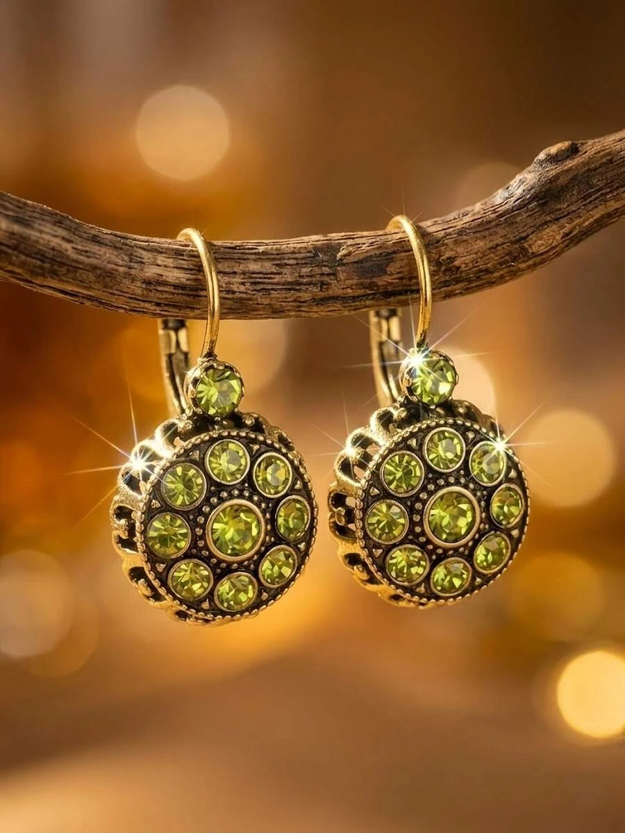 Gold-Plated Green Crystal Pendant Earrings