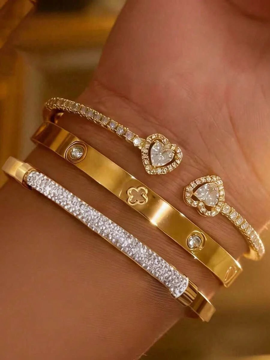 Floral Rhinestone Gold Plated Bracelet Set