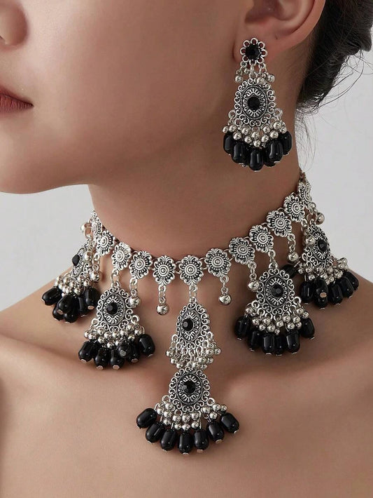 Vintage Tassel Oval Necklace Earring Set