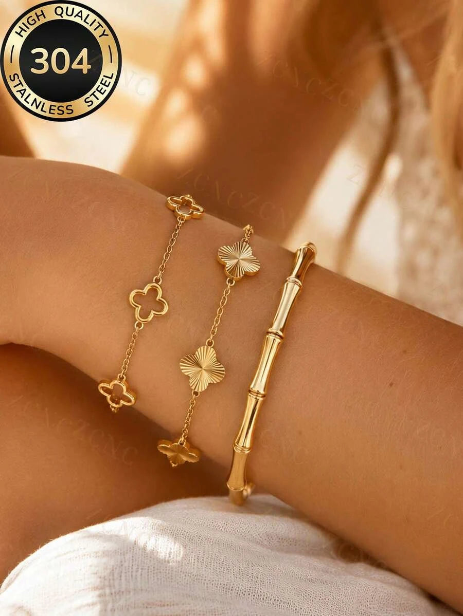 Floral Rhinestone Gold Plated Bracelet Set