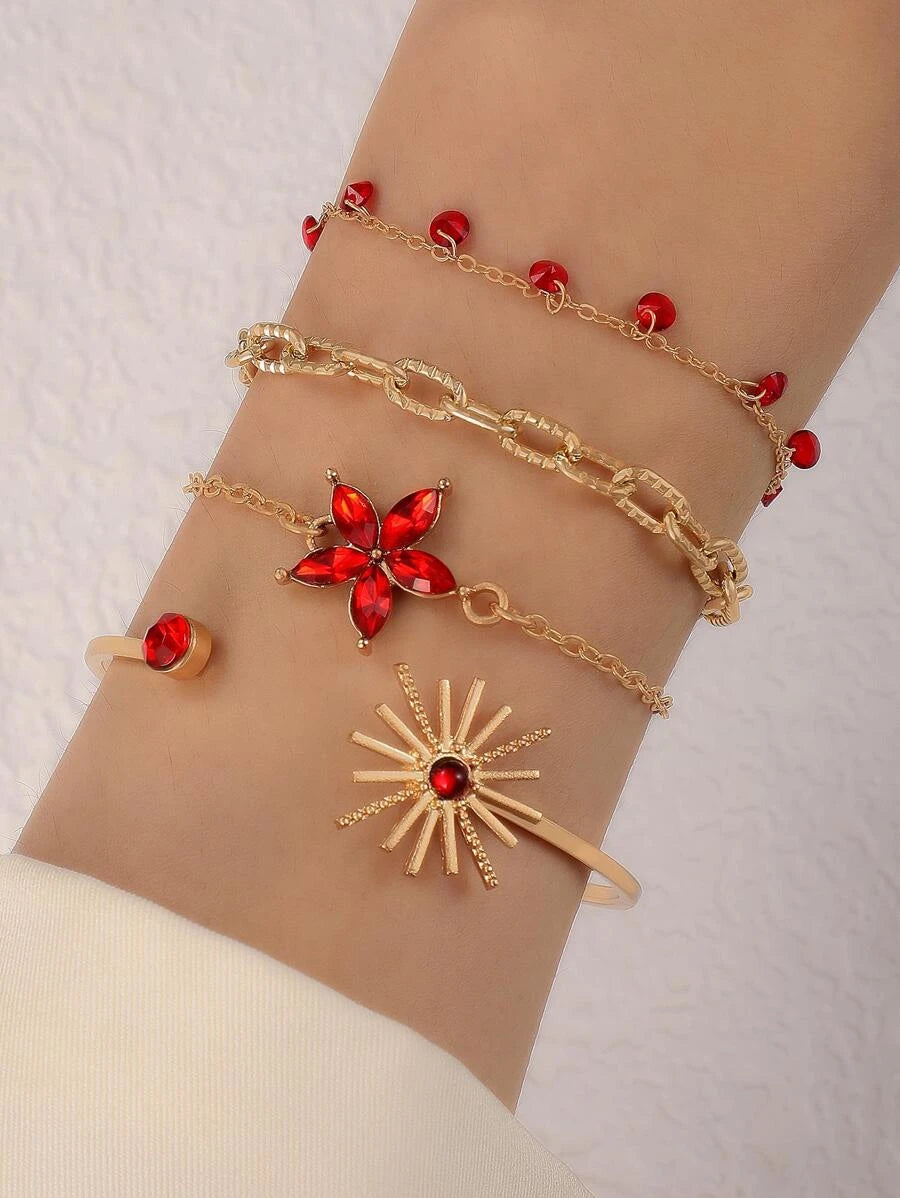 Minimalist Alloy Flower Tassel Bracelet Set