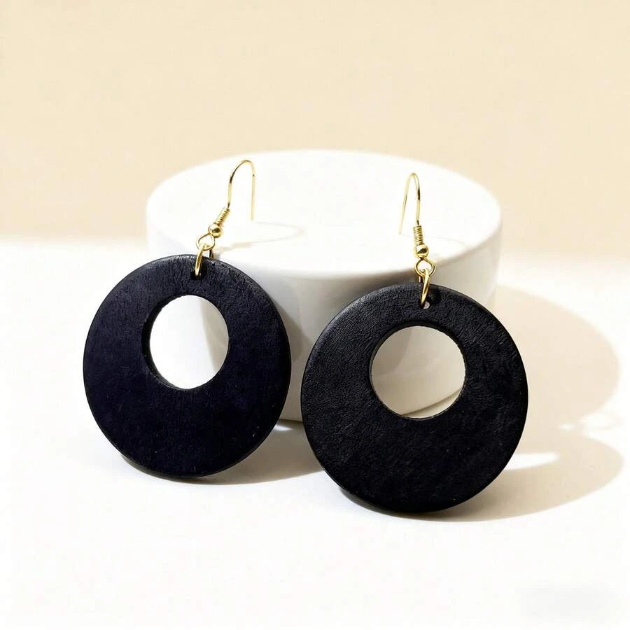 Vintage Wooden Hollow Round Pendant Earrings
