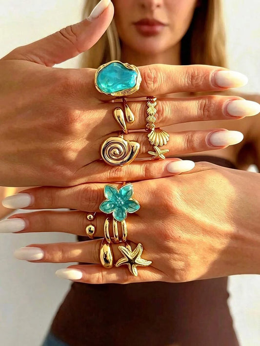 Bohemian Shell Flower Adjustable Ring Set