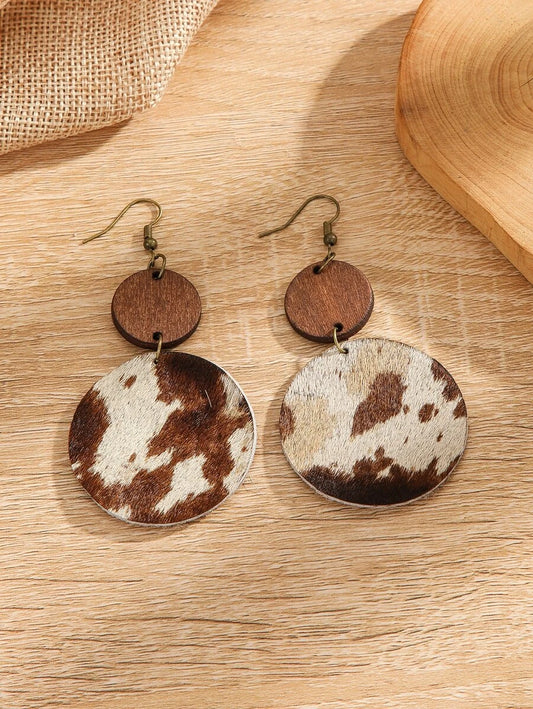 Vintage Cow Pattern Round Drop Earrings