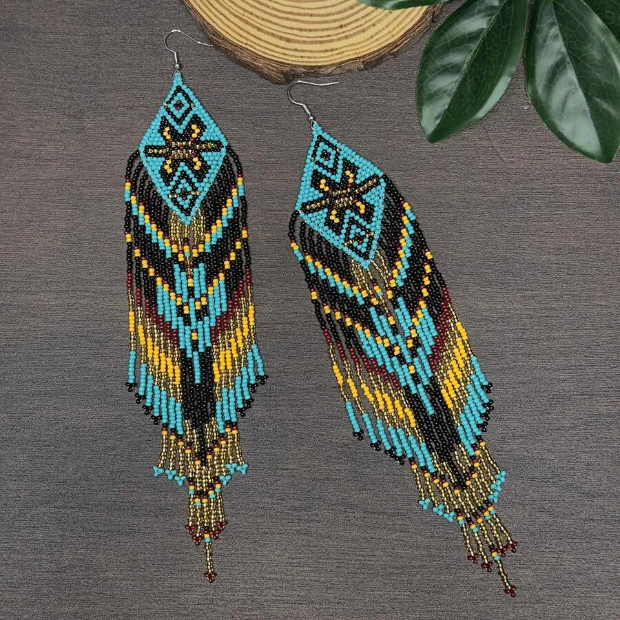 Geometric Beaded Tassel Earrings