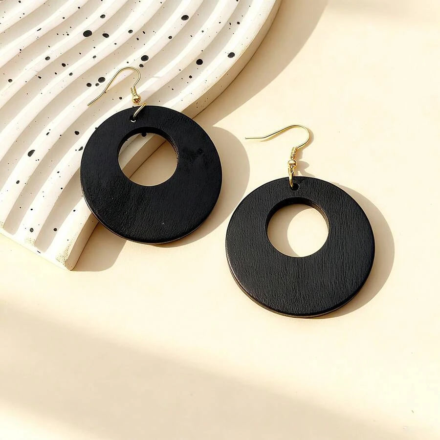 Vintage Wooden Hollow Round Pendant Earrings