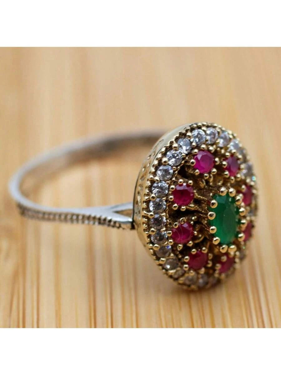 Retro Boho Red Cubic Zirconia Two Tone Ring