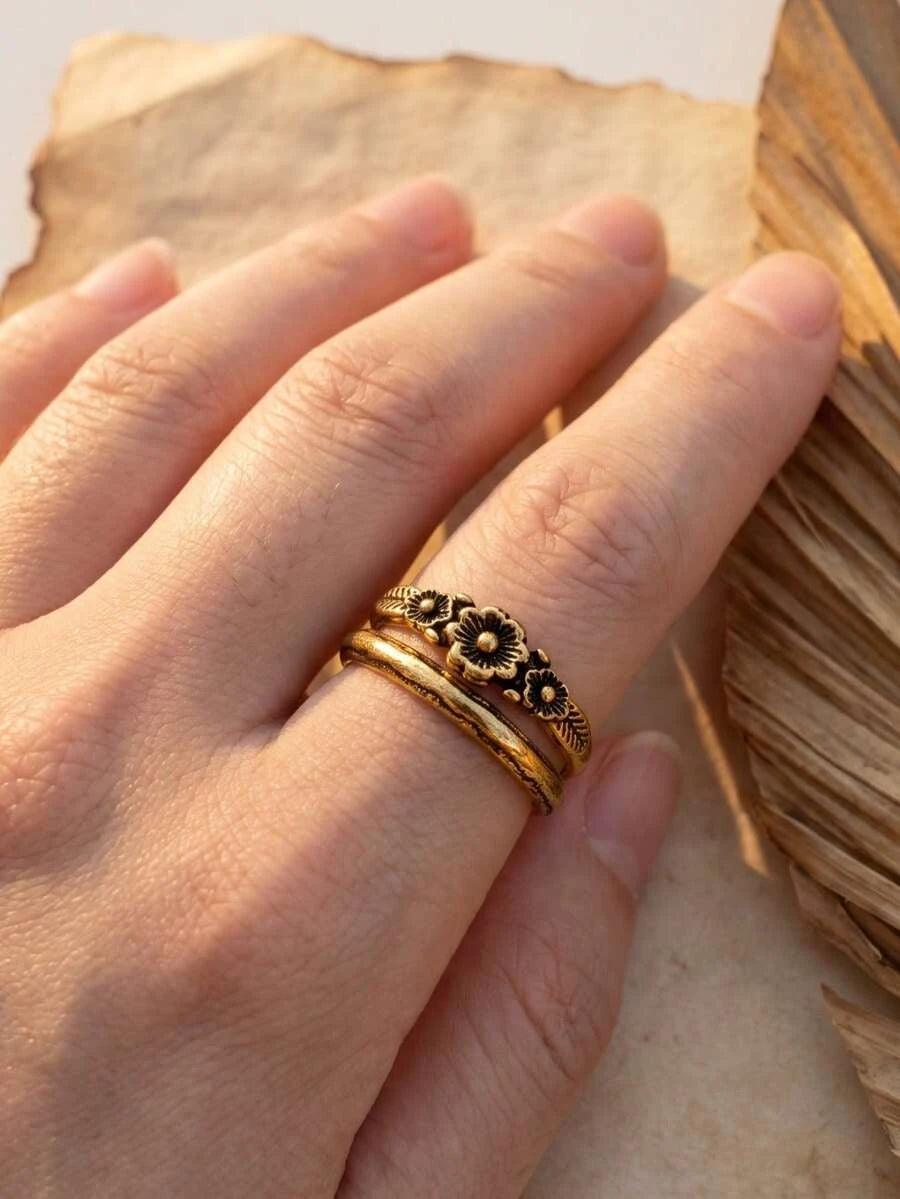 Vintage Boho Flower Leaf Ring