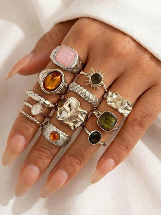 Vintage Asymmetrical Silver Ring Set