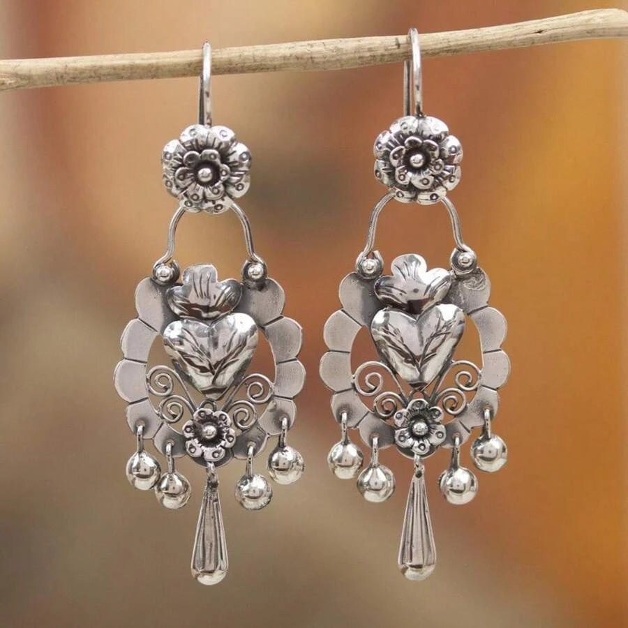 Silvery Sacred Heart Dangle Earrings