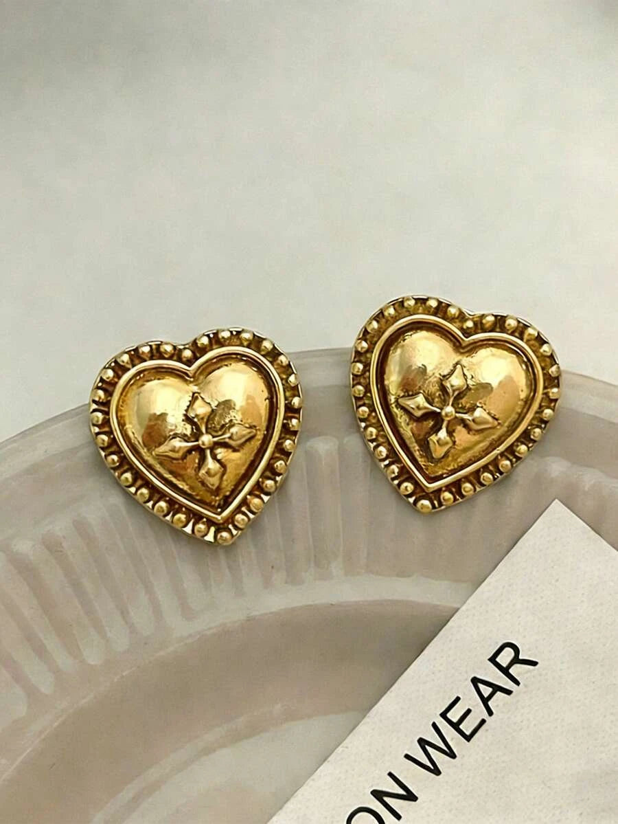 Vintage Carved Heart Stud Earrings