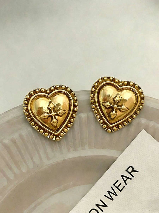 Vintage Carved Heart Stud Earrings