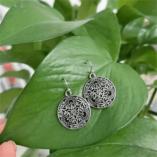 Vintage Carved Flower Round Pendant Earrings