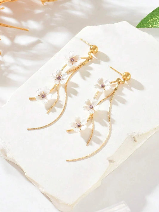 Floral Rhinestone Tassel Stud Earrings