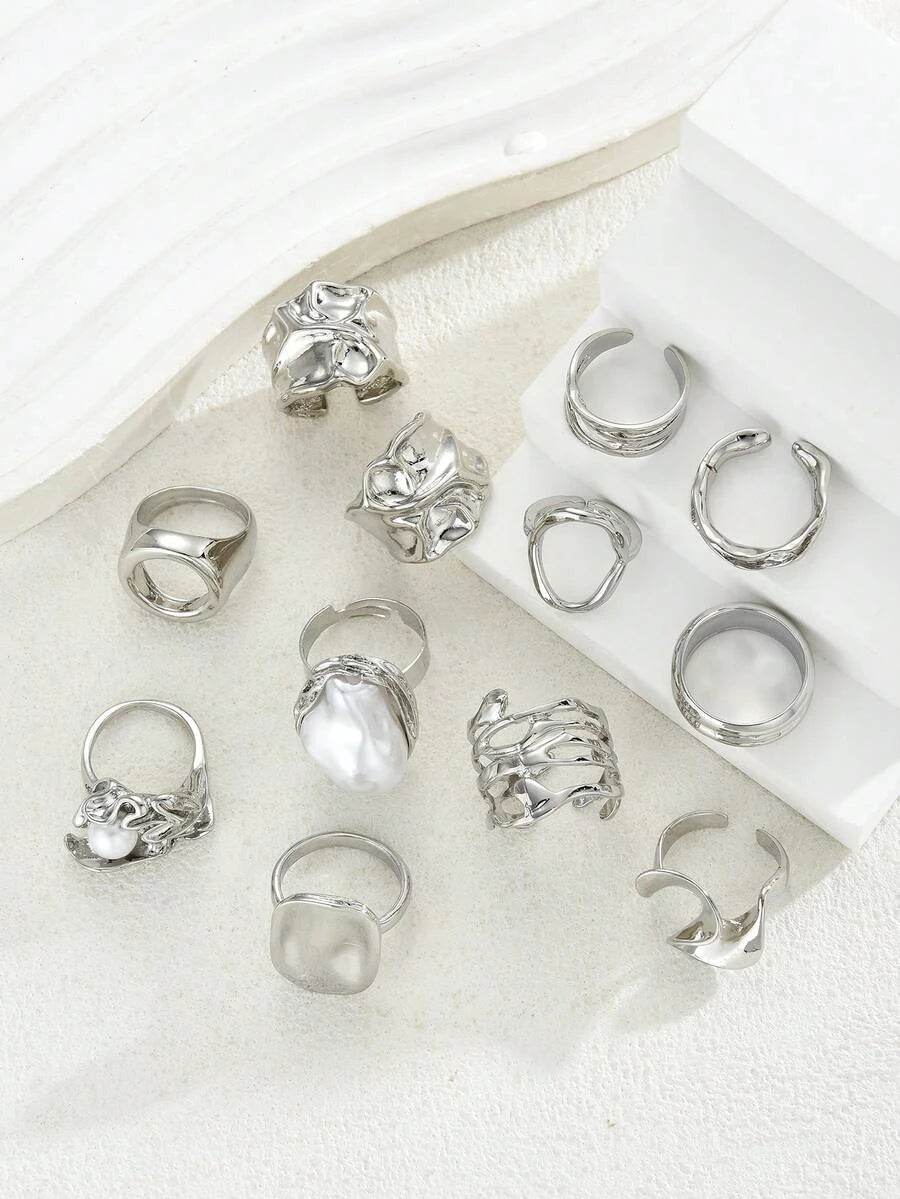 12/6pcs Set Elegant Vintage Delicate Party Style Faux Pearl Ruffle Geometric Metal Rings Set, Geometric Line Design Suitable For Women Daily, Party, Vacation Wear, Versatile Stackable, Perfect Gift For Holidays
