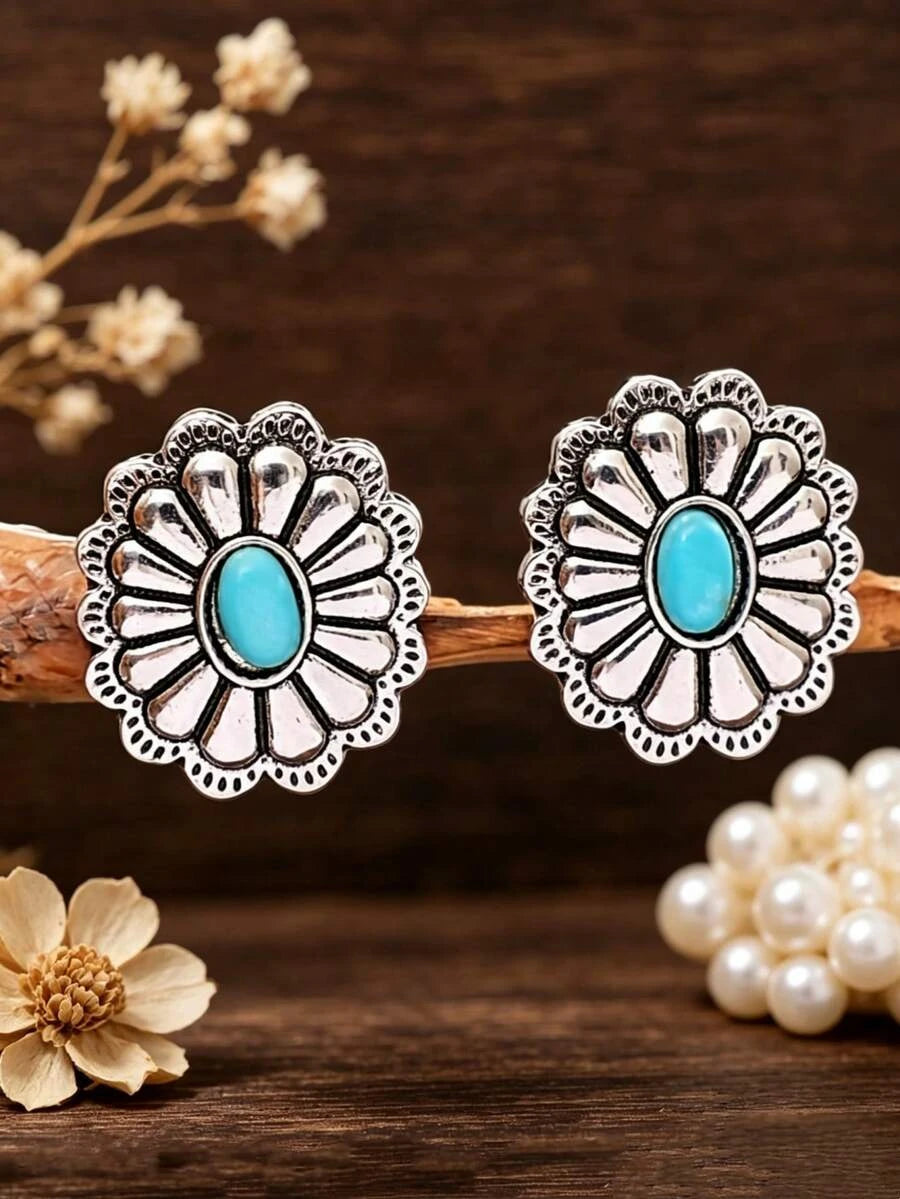 Vintage Floral Turquoise Stud Earrings