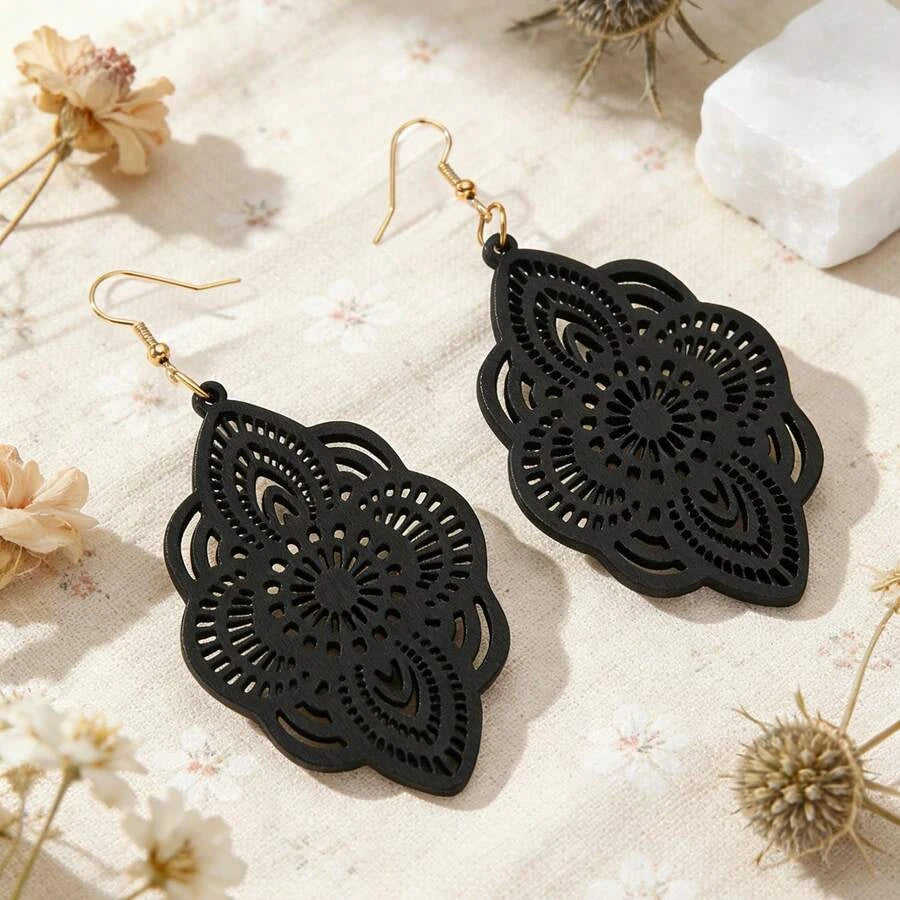Wood Lace Pattern Carved Drop Earrings