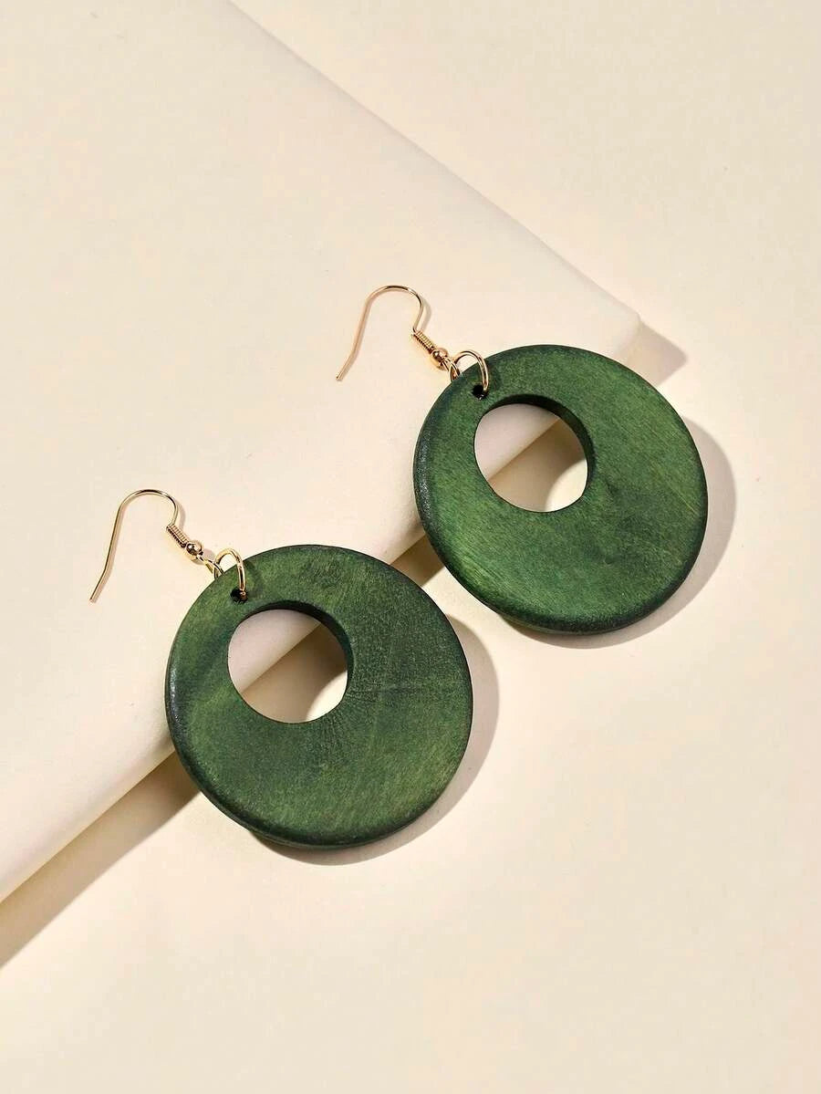 Vintage Wooden Hollow Circle Pendant Earrings