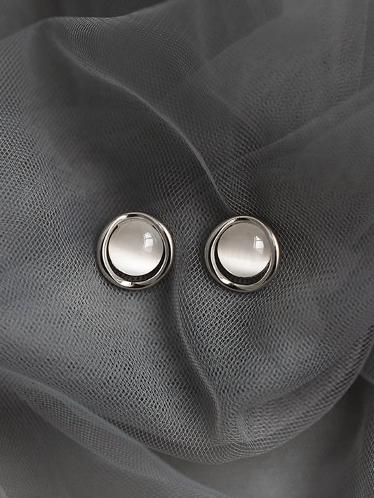 Vintage Silver Cat Eye Oval Stud Earrings
