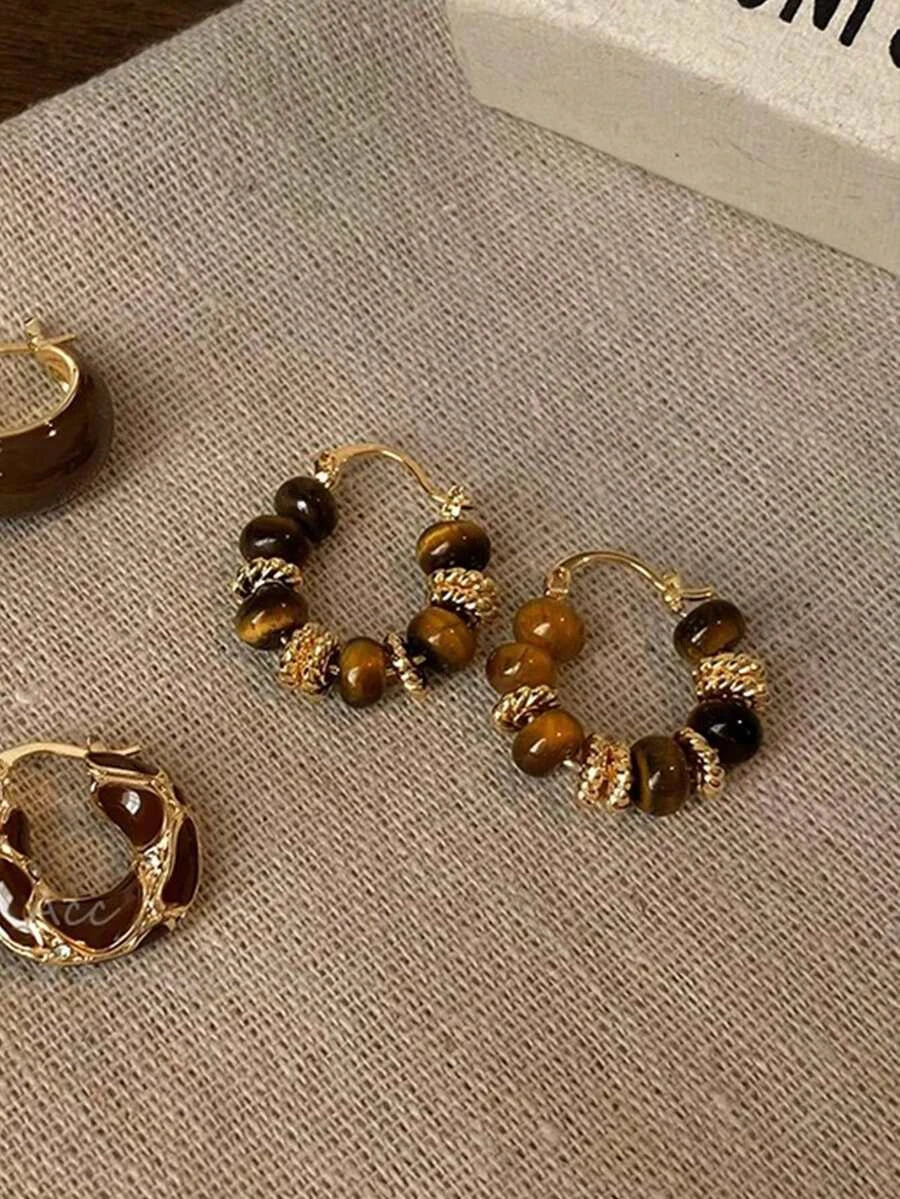 Tiger Eye Beaded Hoop Earrings