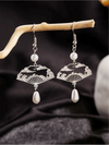 Chinese Silver Fan-Shaped Pearl Earrings