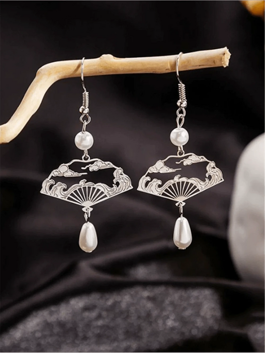 Chinese Silver Fan-Shaped Pearl Earrings