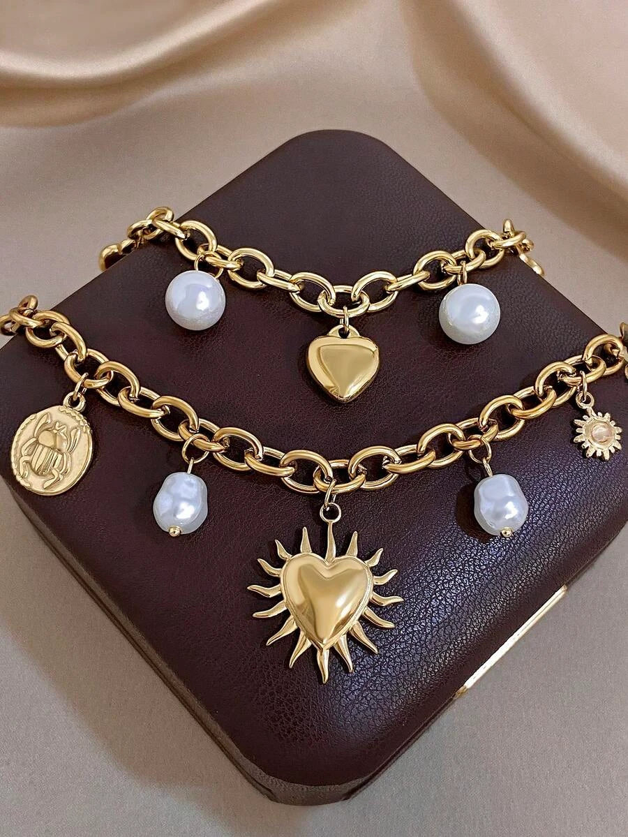 Golden Faux Pearl Heart Bracelet Set