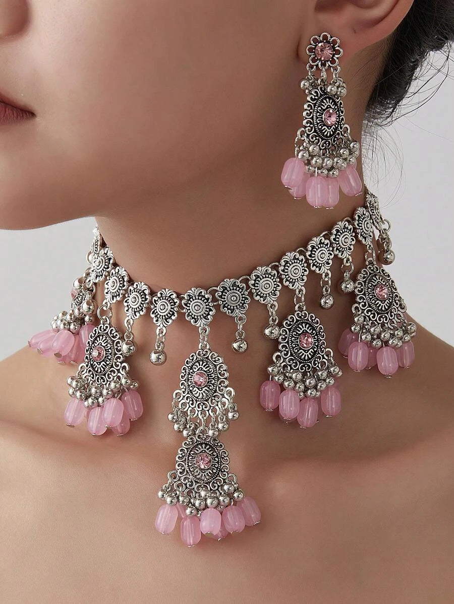 Vintage Tassel Oval Necklace Earring Set